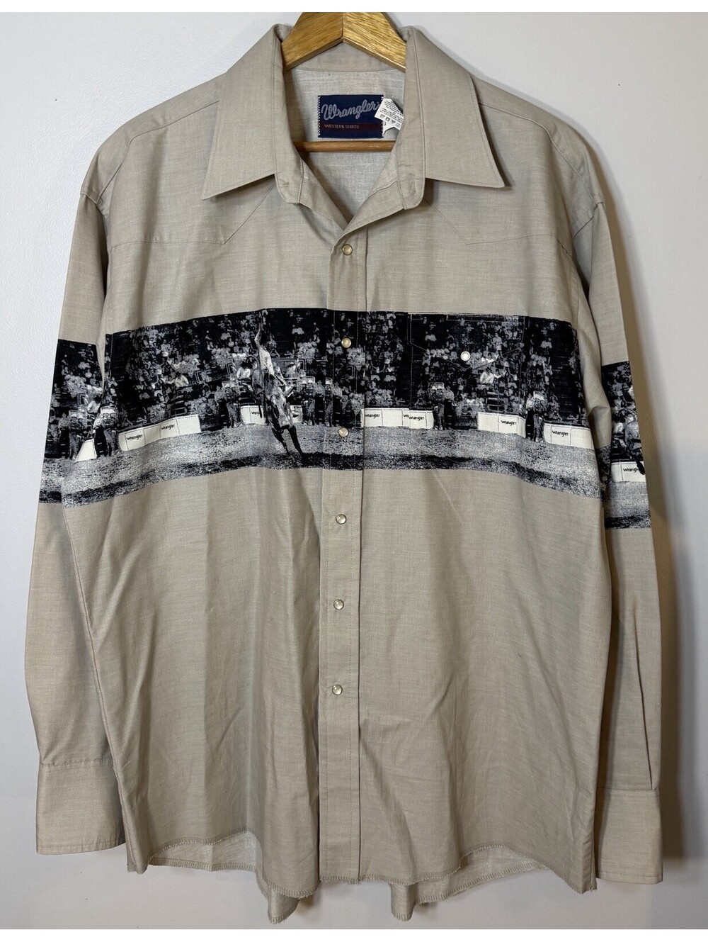 VTG Wrangler Western Shirt XL NWOTS Cowboy Rodeo Graphic Photo Print Pearl Snap